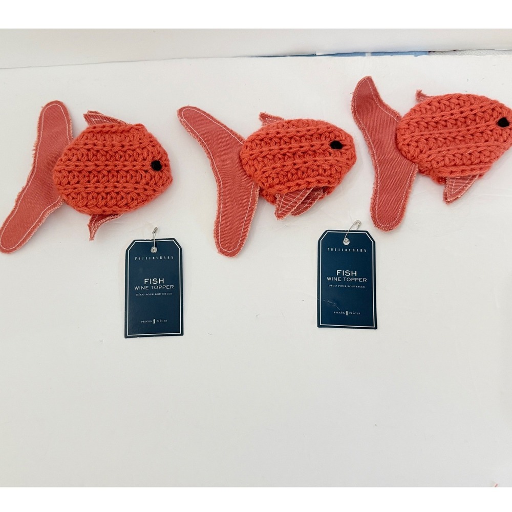 Pottery Barn Fish Wine Topper Coral Knit Canvas Coastal Decor Set of 3 Hostess
